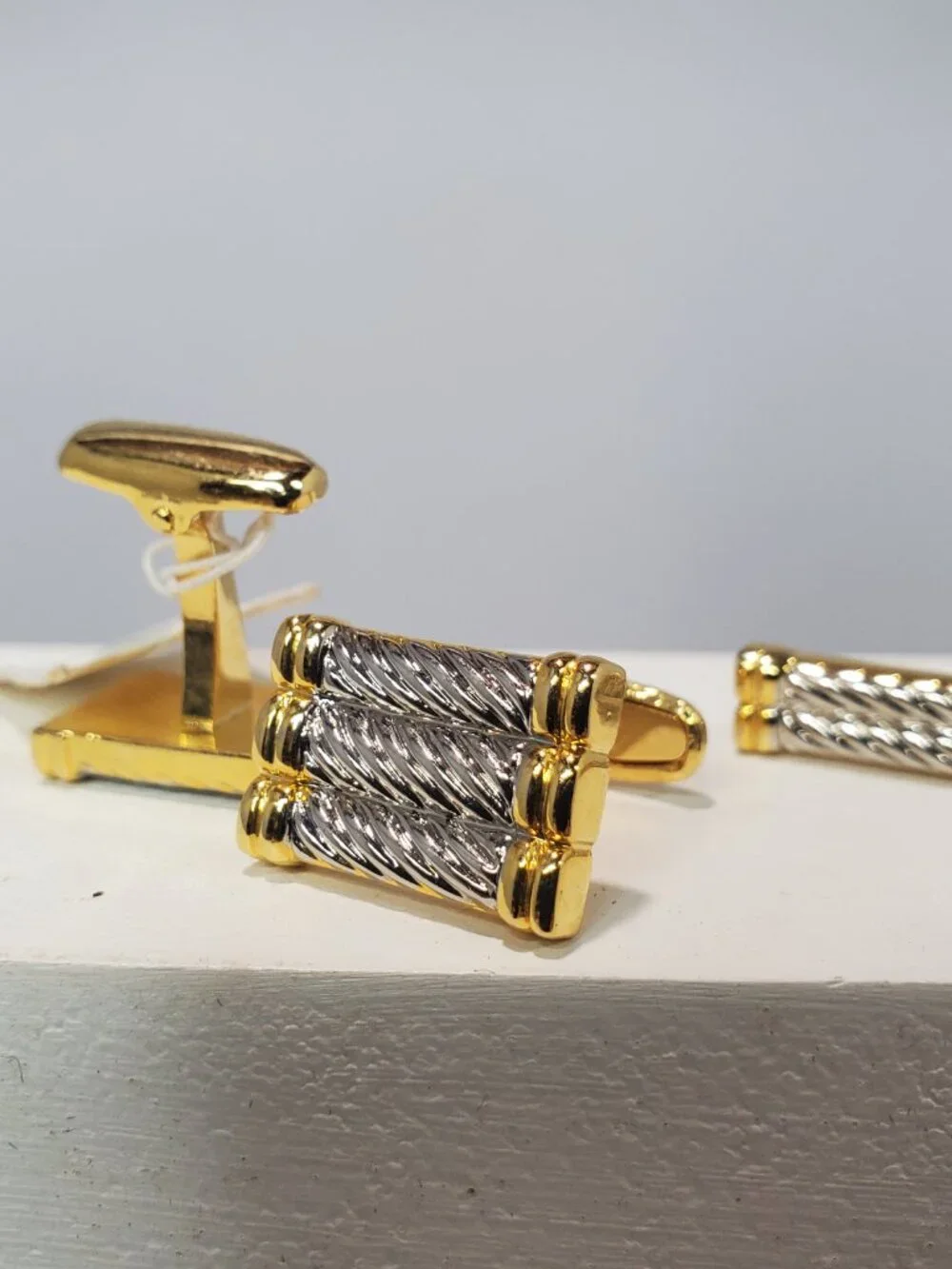 Vintage Two-Tone Gold & Silver Twisted Cable 3-Piece Cuff Link and Tie Clip Set